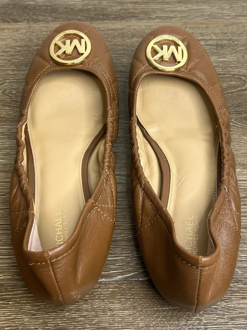 Michael Kors Quilted Leather Ballet Flats Brown Gold Logo | Women’s 8.5